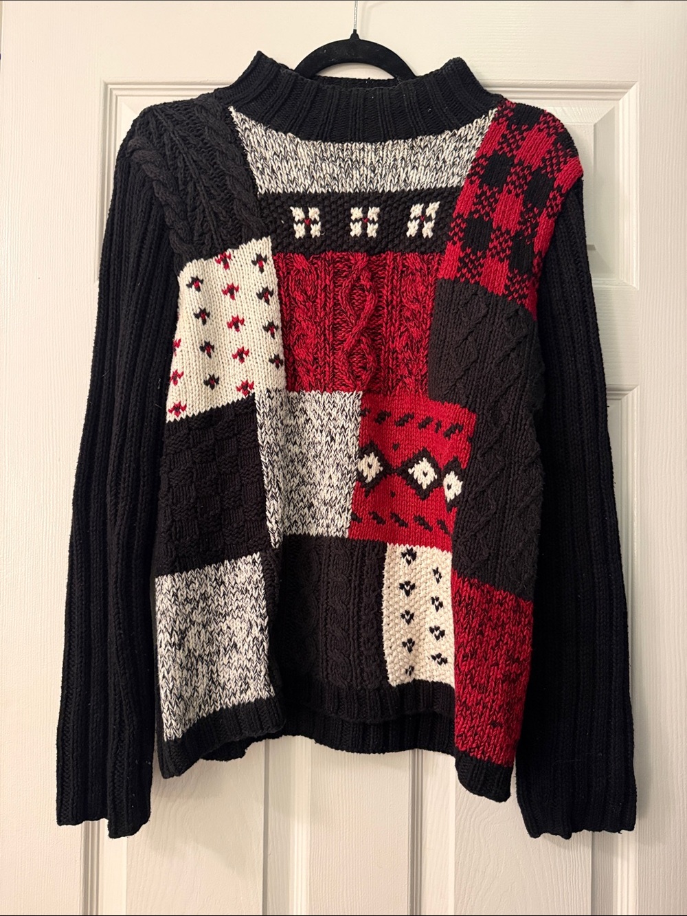 Liz Claiborne Black, Red & Cream Patchwork Cable Turtleneck Sweater
